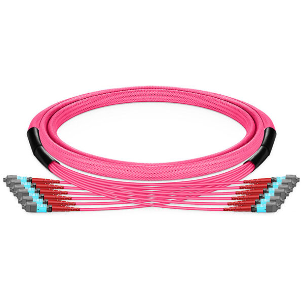 Customized MTP®-24 Trunk Cable, 48-192 Fibers, Multimode (OM4), 0.35dB Max, Braided Tubing, Magenta