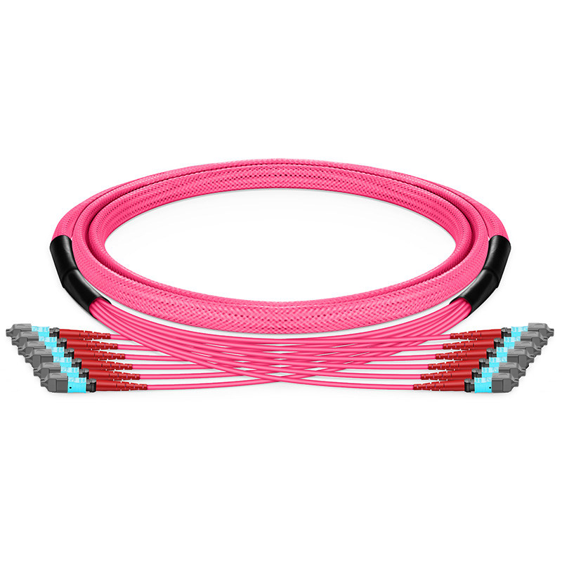 Customized MTP®-24 Trunk Cable, 48-192 Fibers, Multimode (OM4), 0.35dB Max, Braided Tubing, Magenta